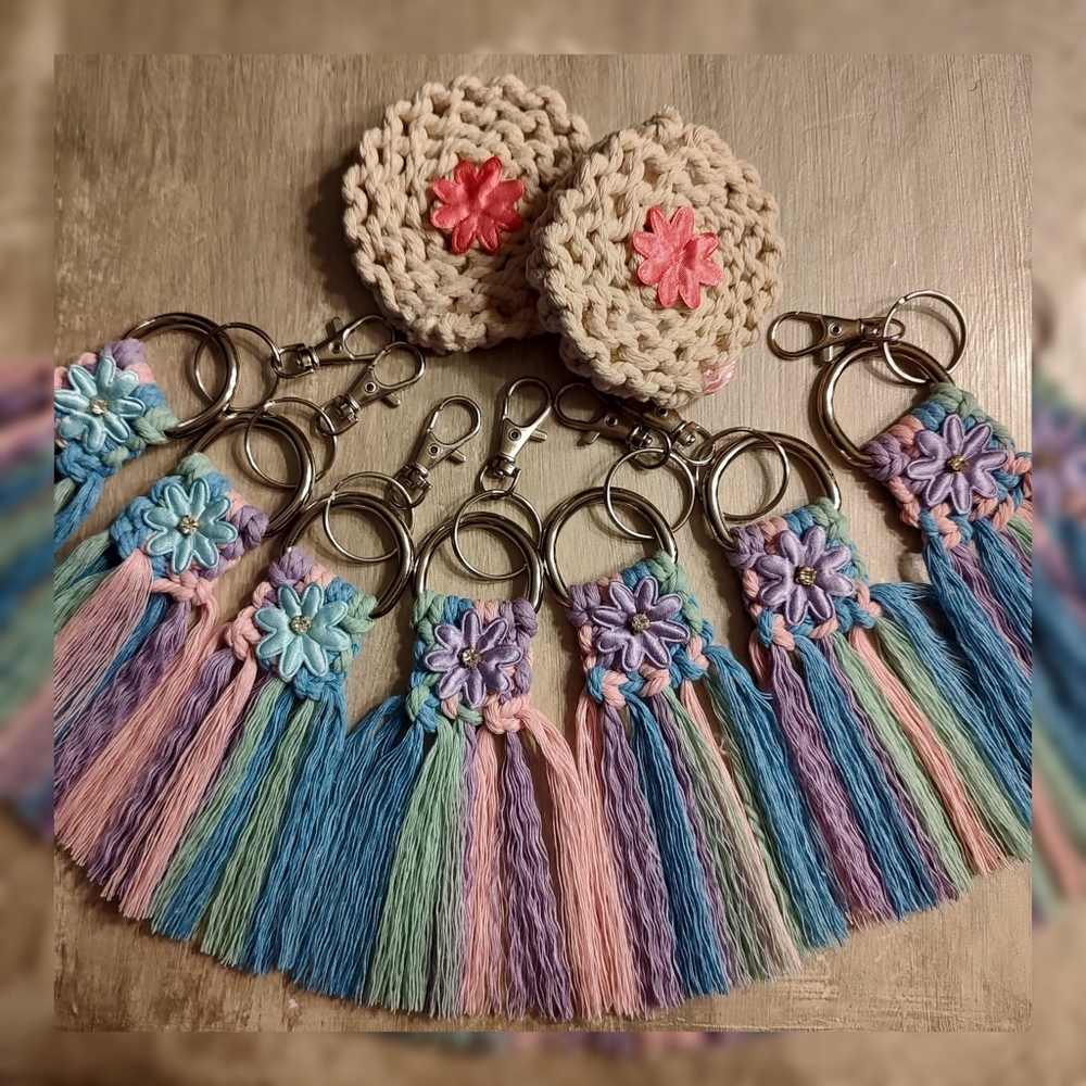 Rainbow macrame keychains/purse charms.